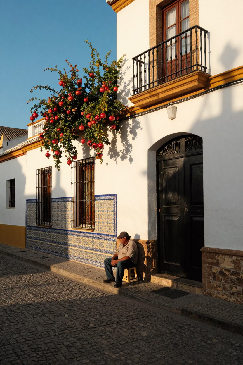 Seville Spain Late Afternoon Street Scene with Pomegranate and Traditional Architecture in in Seville, Spain