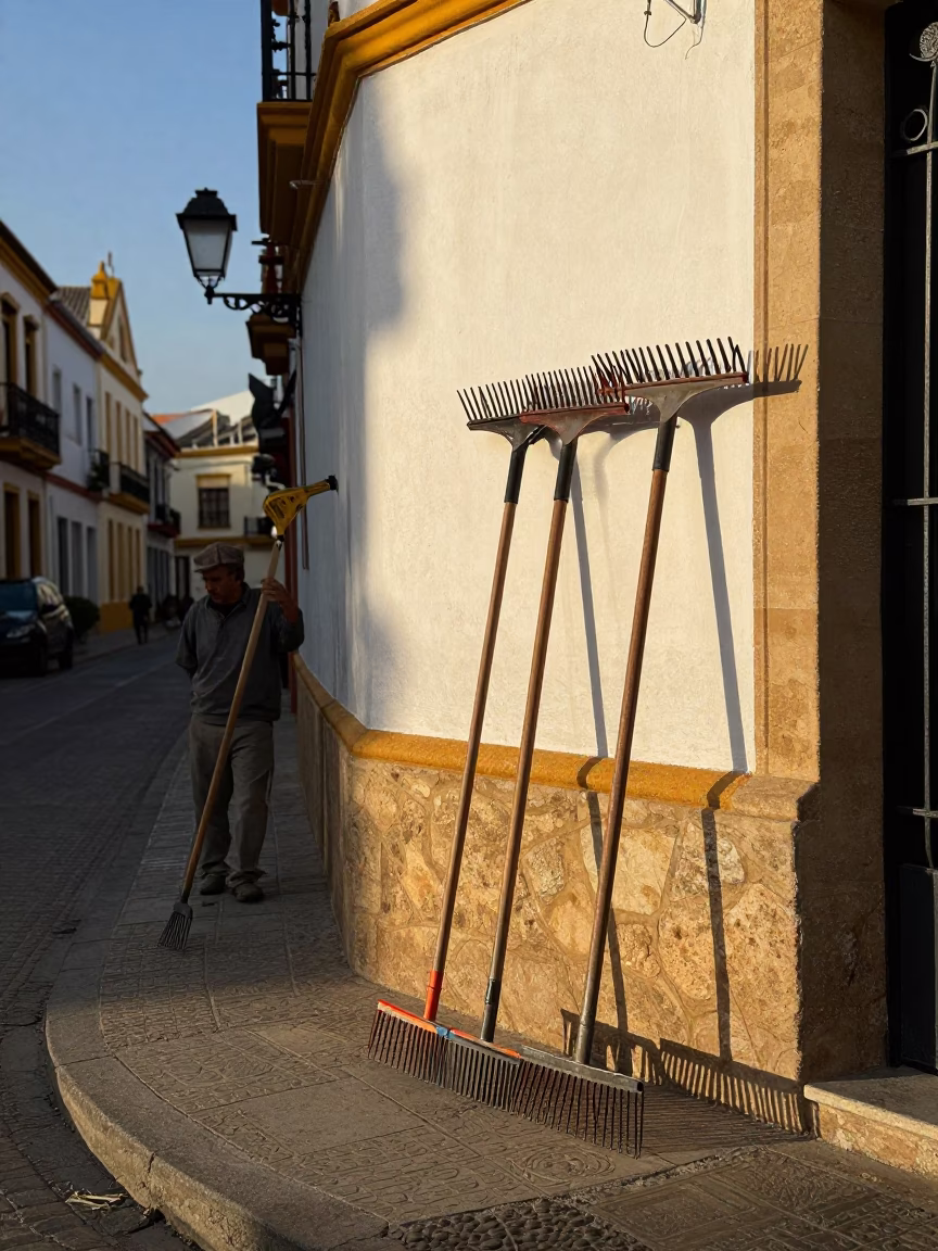 Seville Spain Late Afternoon Street Scene with Rake Heads and Garden Tools in in Seville, Spain