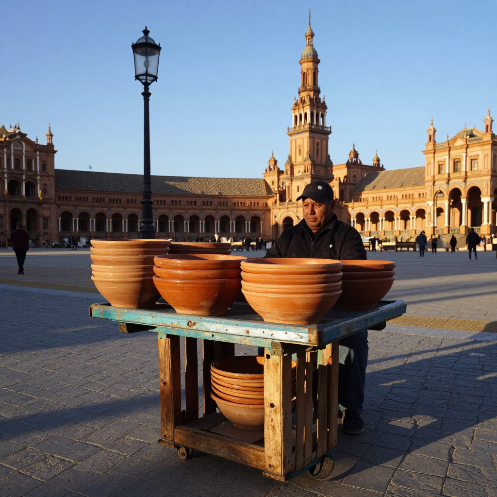 Seville Spain Late Afternoon Street Scene with Terracotta Bowls and Flame Tree Bloom in in Seville, Spain