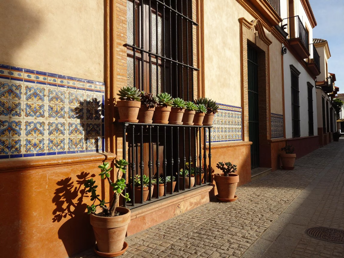 Seville Spain Late Afternoon Street Scene with Terracotta Pots and Traditional Architecture in in Seville, Spain