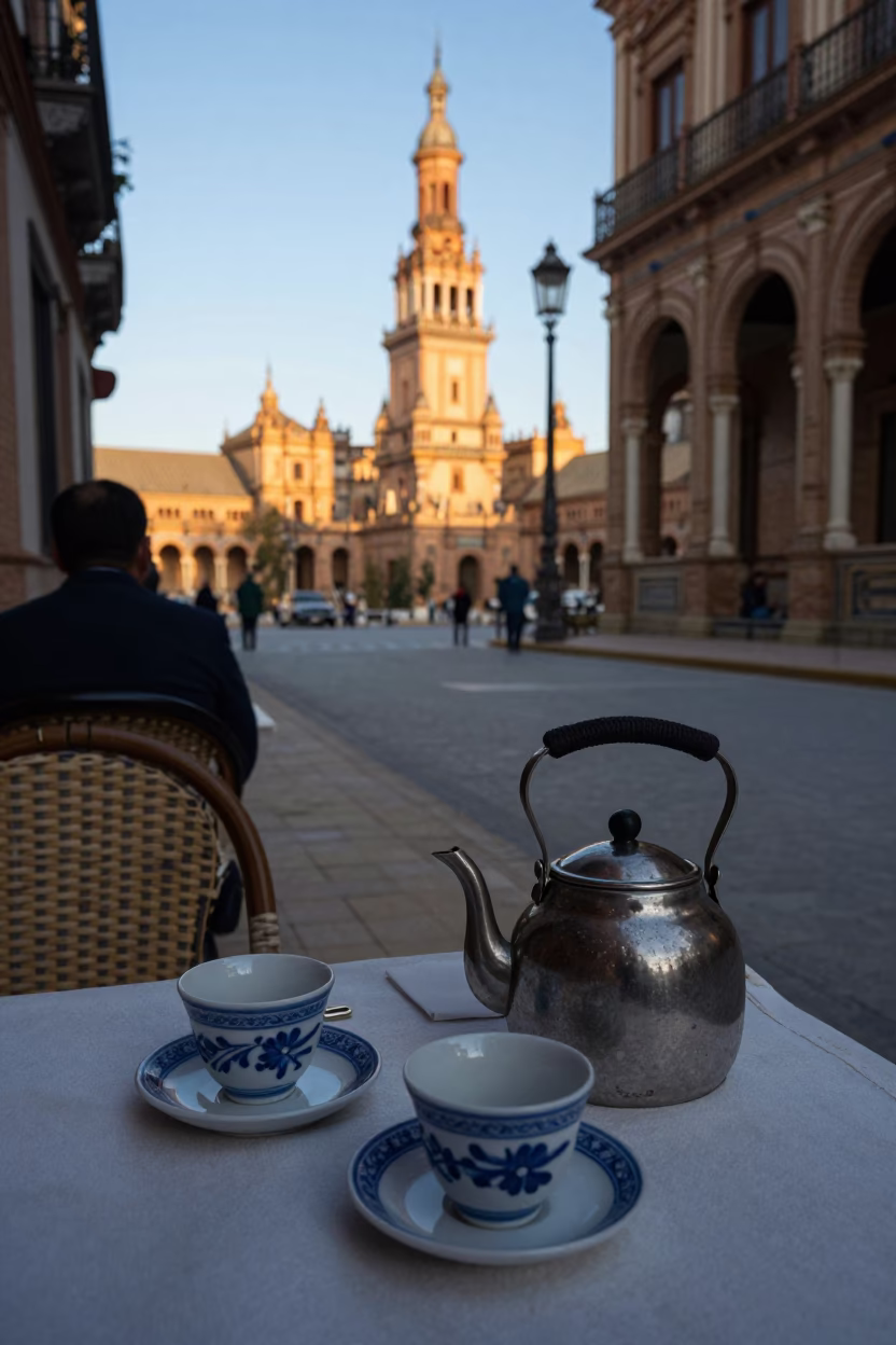 Seville Spain Late Afternoon Street Scene with Traditional Tea Service in in Seville, Spain