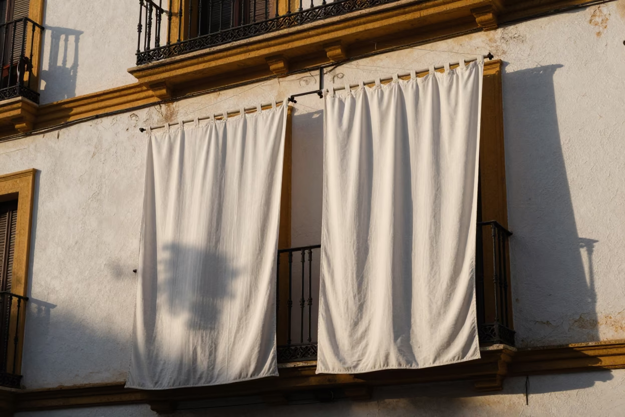 Seville Spain Late Afternoon Street Scene with Traditional White Curtains and Vine Covered Balcony in in Seville, Spain
