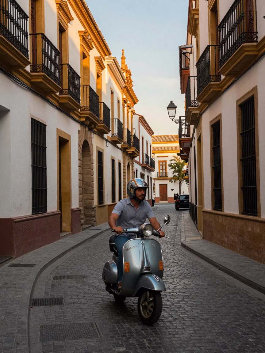 Seville Spain Late Afternoon Street Scene with Vintage Scooter and Traditional Architecture in in Seville, Spain