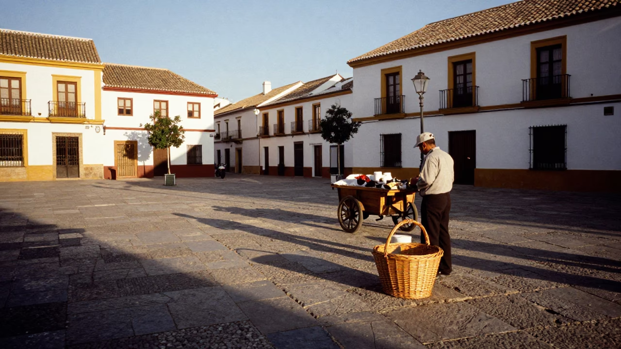 Seville Spain Late Afternoon Street Scene with Wicker Basket and Flowerpot on Historic Plaza in in Seville, Spain