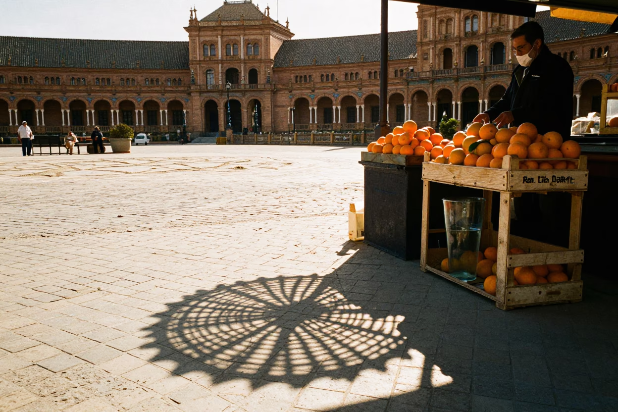Seville Spain Late Afternoon Street Scene with Wicker Shadow and Glass Carafe in in Seville, Spain