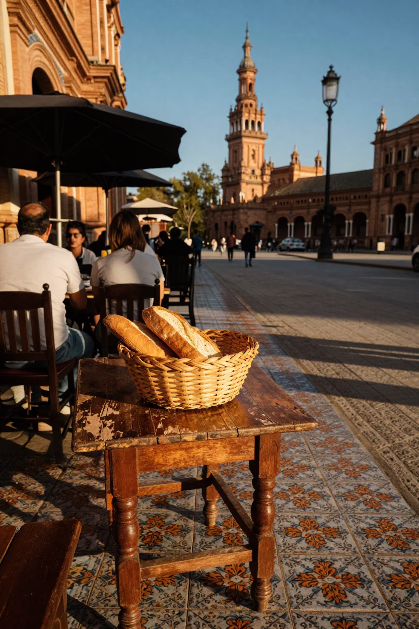 Seville Spain Late Afternoon Street Scene with Woven Bread Basket and Brushed Steel Details in in Seville, Spain