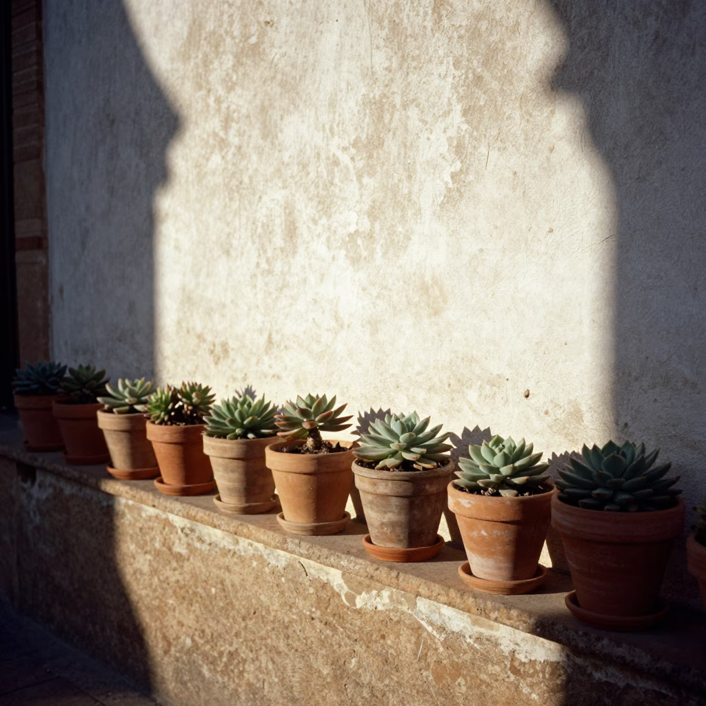 Seville Spain Late Afternoon Sunlight Illuminates Traditional Terracotta Pottery and Succulents on Historic Patio in in Seville, Spain