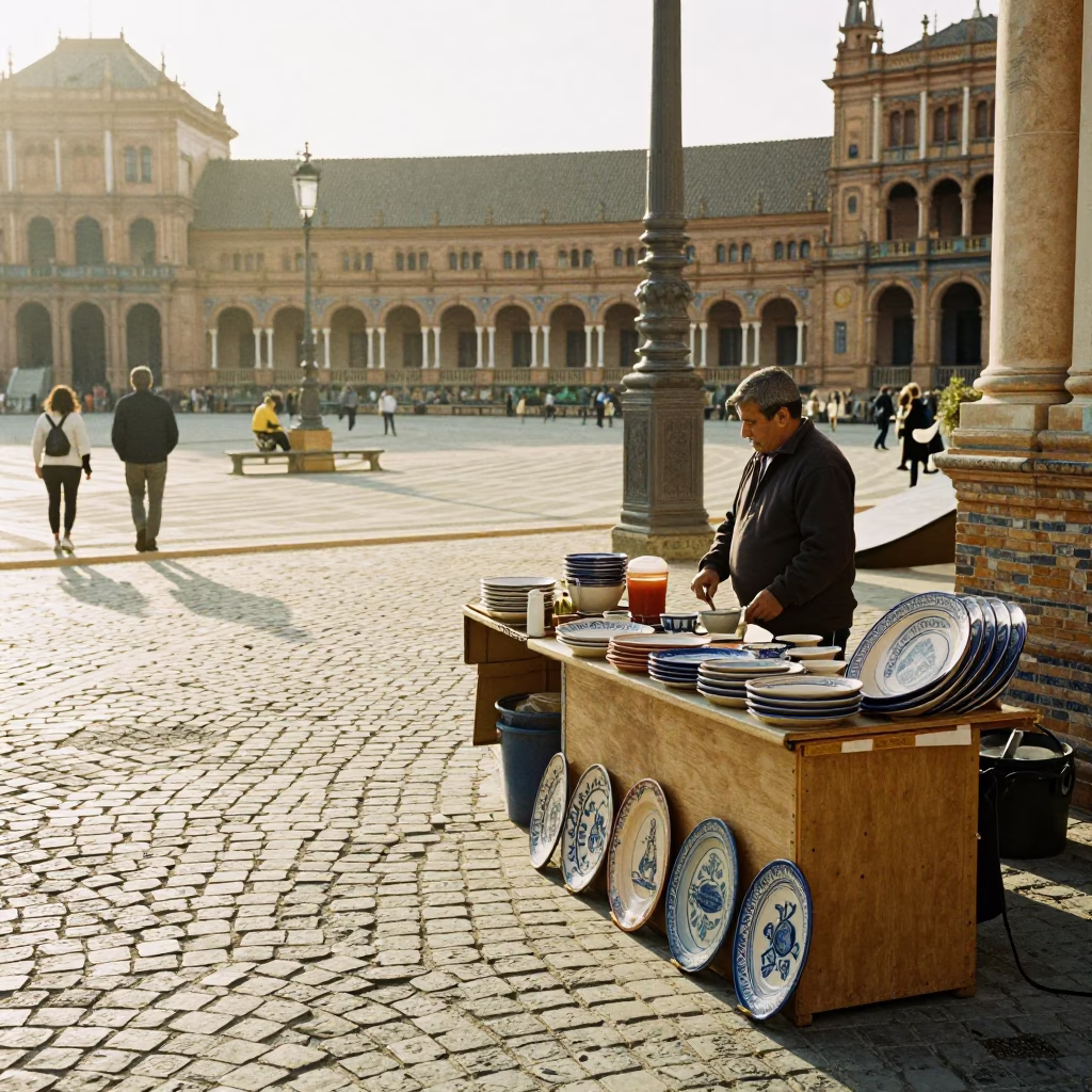 Seville Spain Late Morning Street Scene with Local Vendor and Traditional Elements in in Seville, Spain