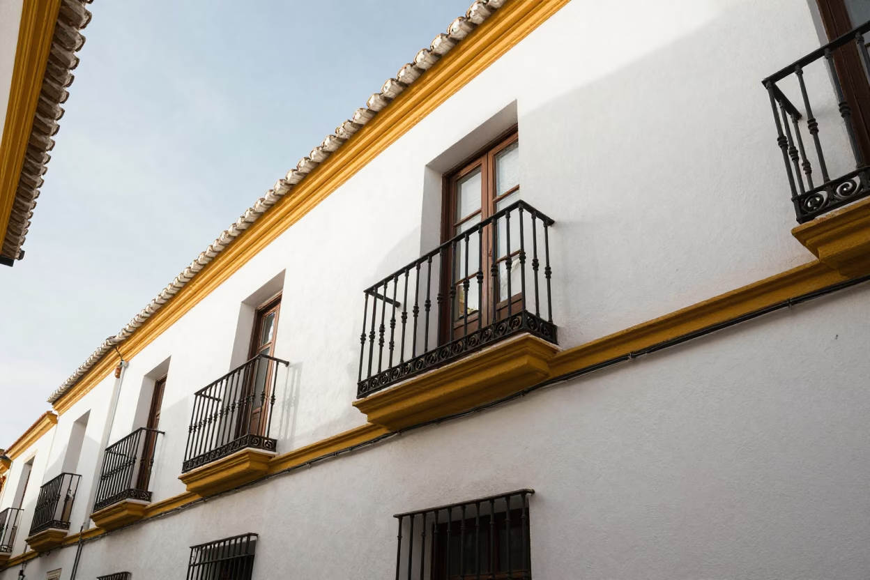 Seville Spain Late Morning Sunlight on Traditional White Buildings and Street Life in in Seville, Spain