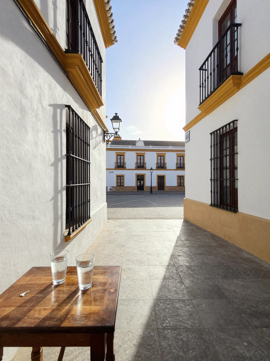 Seville Spain Late Morning Sunlight on Traditional White Plaza and Glass Tumblers in in Seville, Spain
