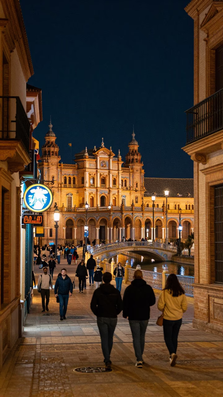 Seville Spain Late Night Street Scene With Neon Signs And Busy Traffic in in Seville, Spain