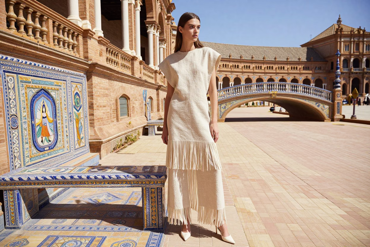 Seville Spain Midday High Fashion Portrait With Linen Fringe And Enamel Pitcher Detail in in Seville, Spain