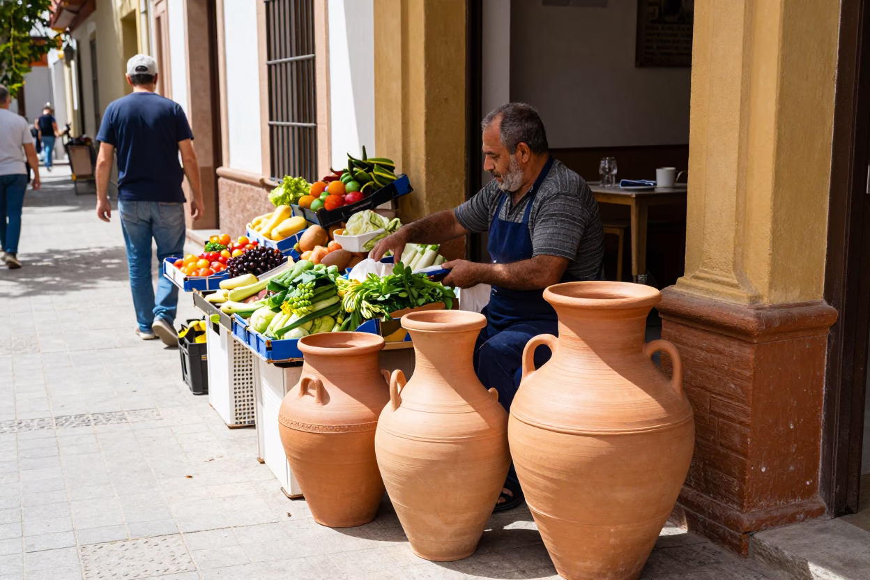 Seville Spain Midday Street Scene with Clay Pot and White Cotton Bolls in in Seville, Spain