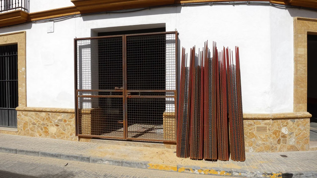 Seville Spain Midday Street Scene with Construction Elevator Gate and Rebar Bundles in in Seville, Spain