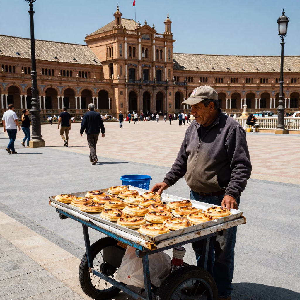 Seville Spain Midday Street Scene with Local Vendor and Traditional Baking Sheet in in Seville, Spain