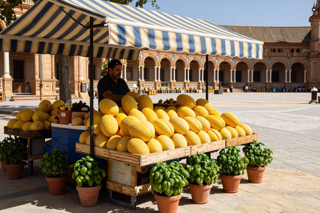 Seville Spain Midday Street Scene with Melons and Potted Herbs in Traditional Plaza in in Seville, Spain