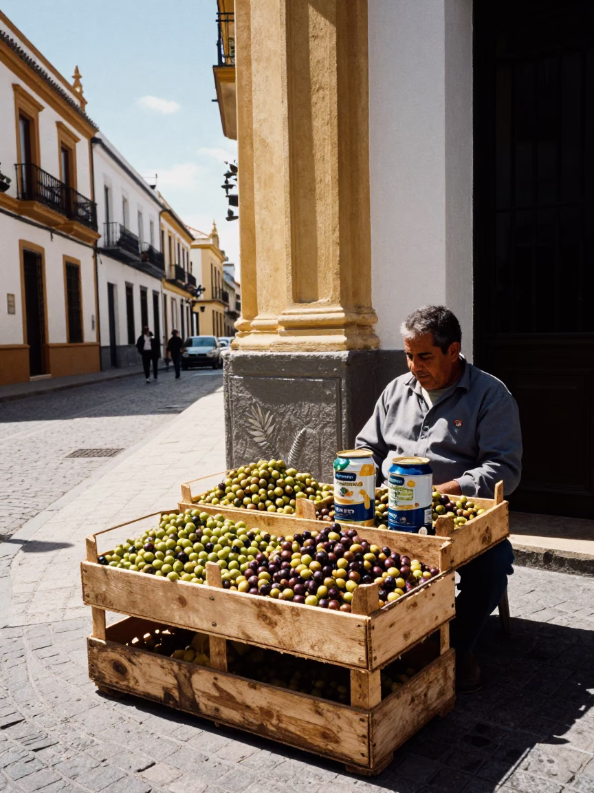 Seville Spain Midday Street Scene with Olives and Storage Tins in in Seville, Spain