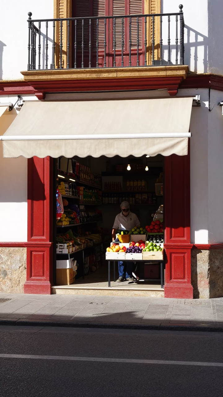 Seville Spain Midday Street Scene with Red Lacquered Wood and Vintage Radio in in Seville, Spain