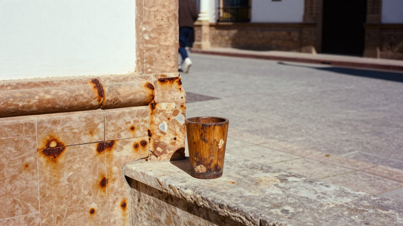 Seville Spain Midday Street Scene with Rusty Tile Grout and Wooden Cup in in Seville, Spain