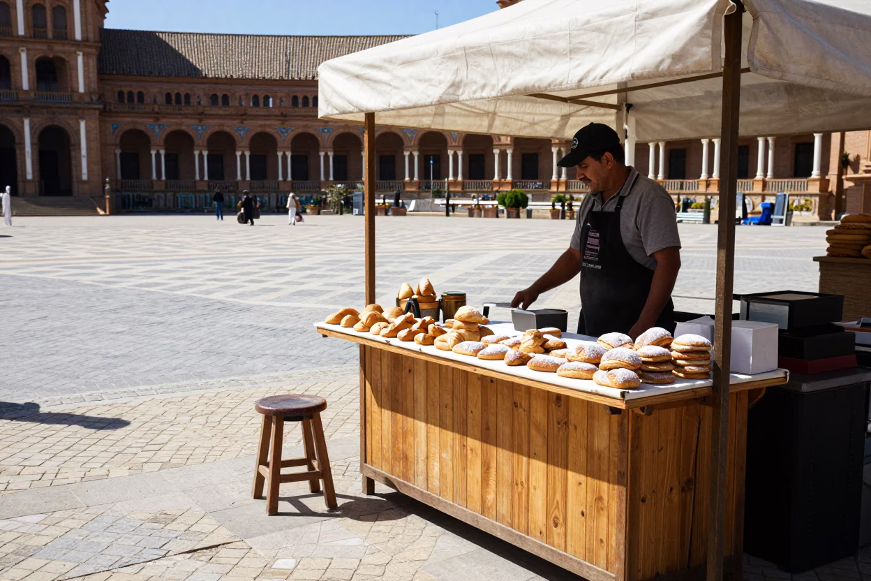 Seville Spain Midday Street Scene with Traditional Pastries and Kitchen Stool in in Seville, Spain