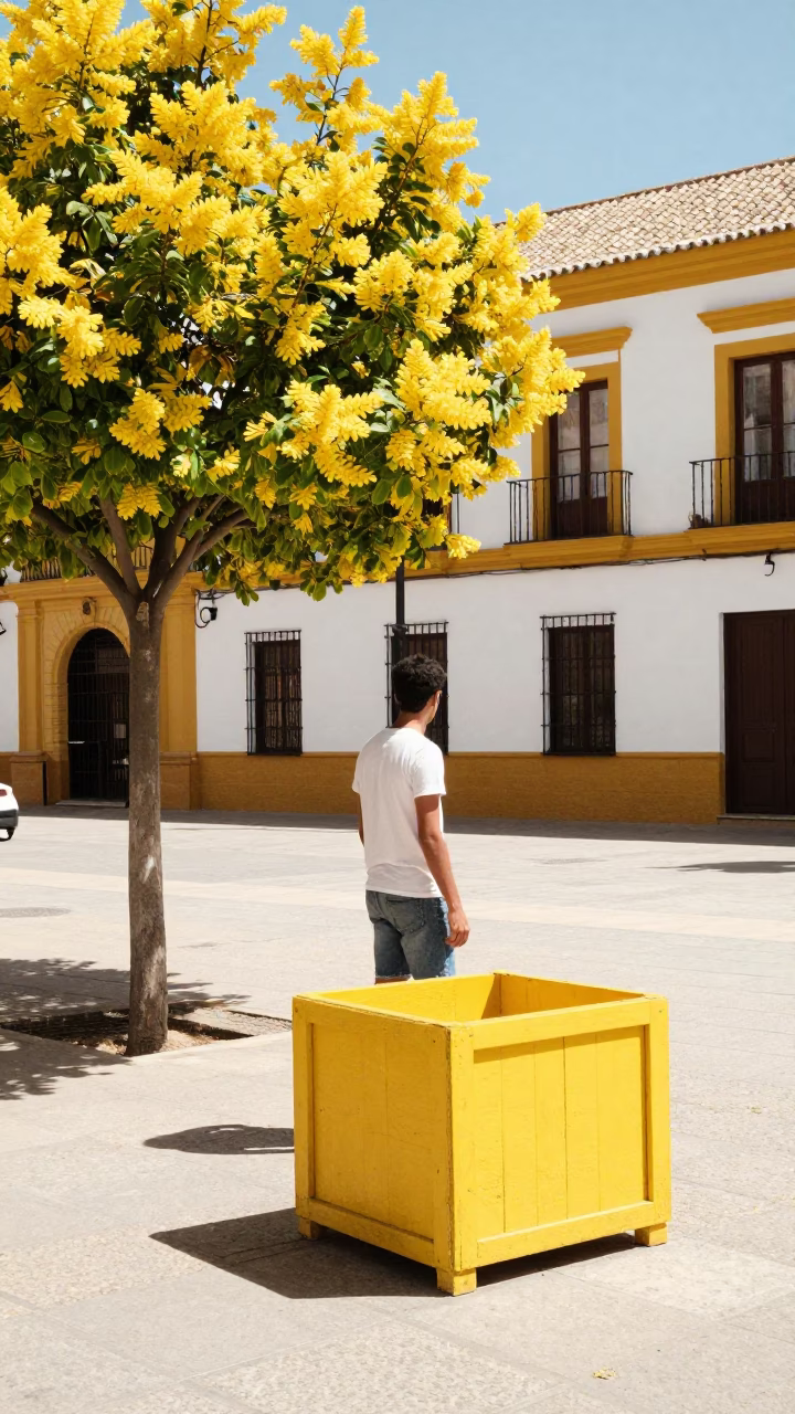 Seville Spain Midday Street Scene with Yellow Tree and Painted Crate in in Seville, Spain