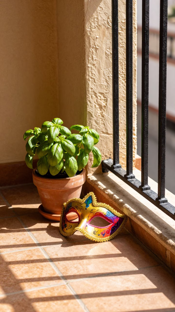 Seville Spain Midday Sunlight on Balcony with Mardi Gras Mask and Basil Leaves in in Seville, Spain
