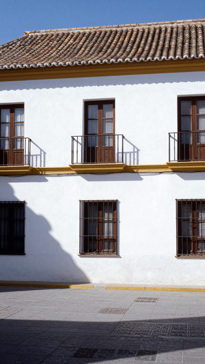 Seville Spain Midday Sunlight on White Plaza Walls and Traditional Architecture in in Seville, Spain