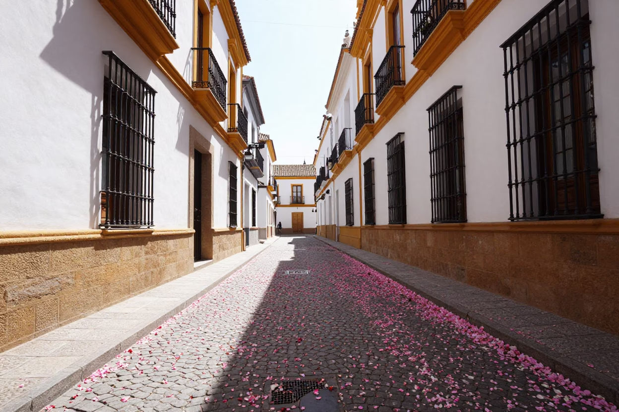 Seville Spain Midmorning Light Fallen Rose Petals Pathway Traditional Architecture in in Seville, Spain