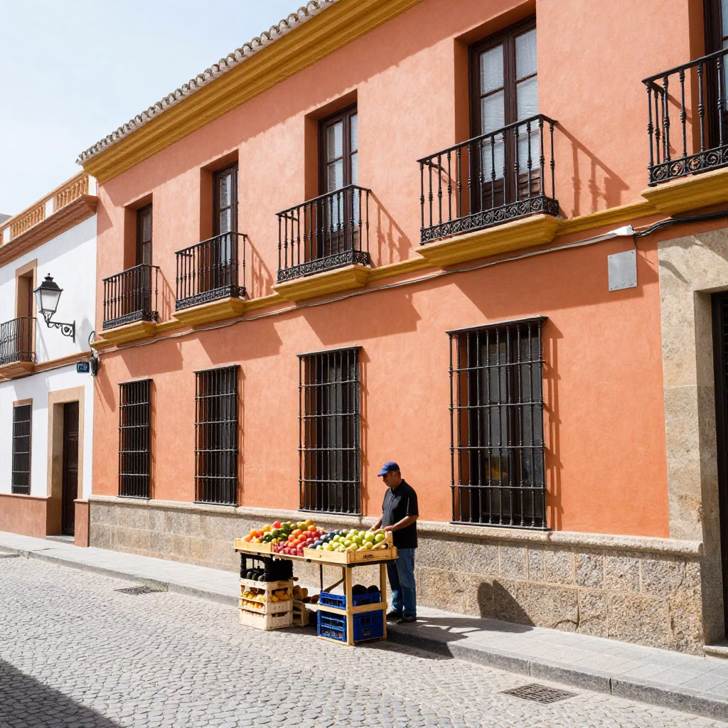 Seville Spain Midmorning Market Street Scene with Fruit Crate and Sunlight in in Seville, Spain