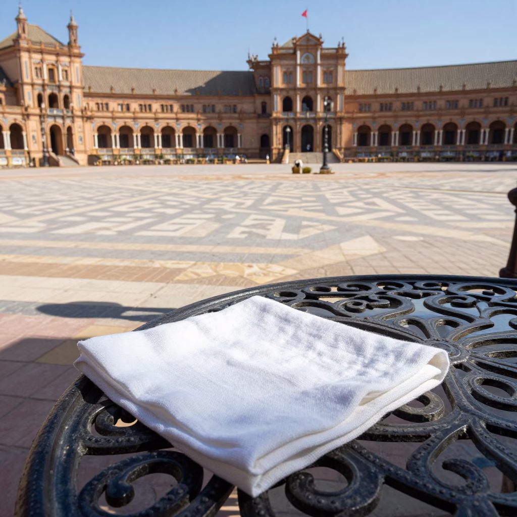 Seville Spain Midmorning Street Scene with Linen Napkin and University Courtyard Umbrellas in in Seville, Spain