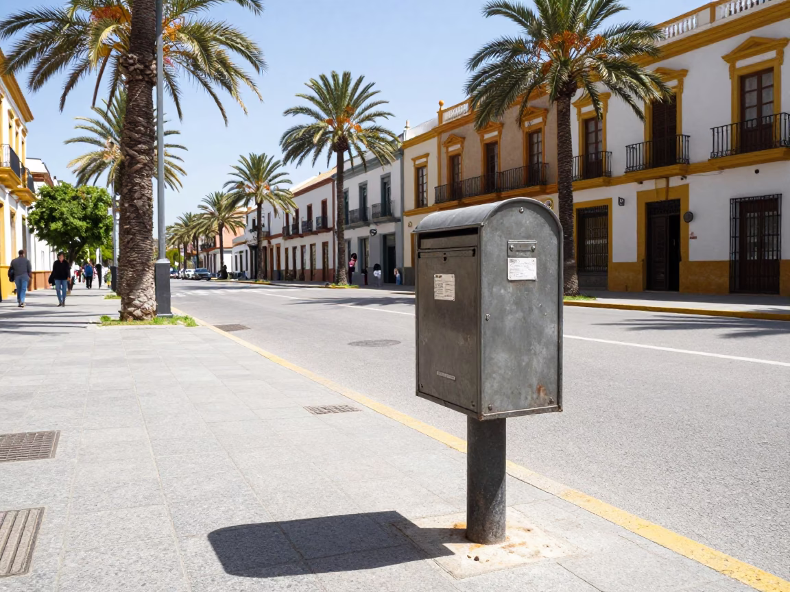 Seville Spain Midmorning Street Scene with Mailbox and Palm Trees in in Seville, Spain
