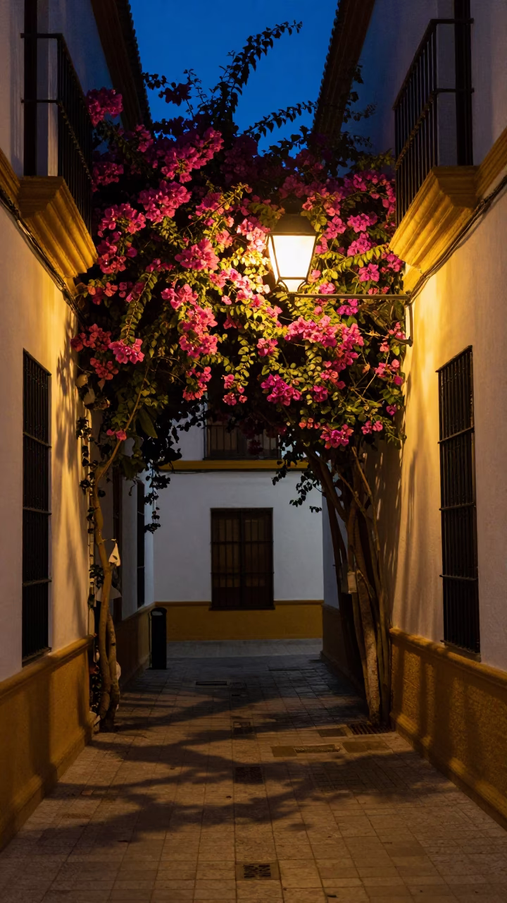 Seville Spain Midnight Street Scene with Bougainvillea and Lantern Light on Tiled Floor in in Seville, Spain