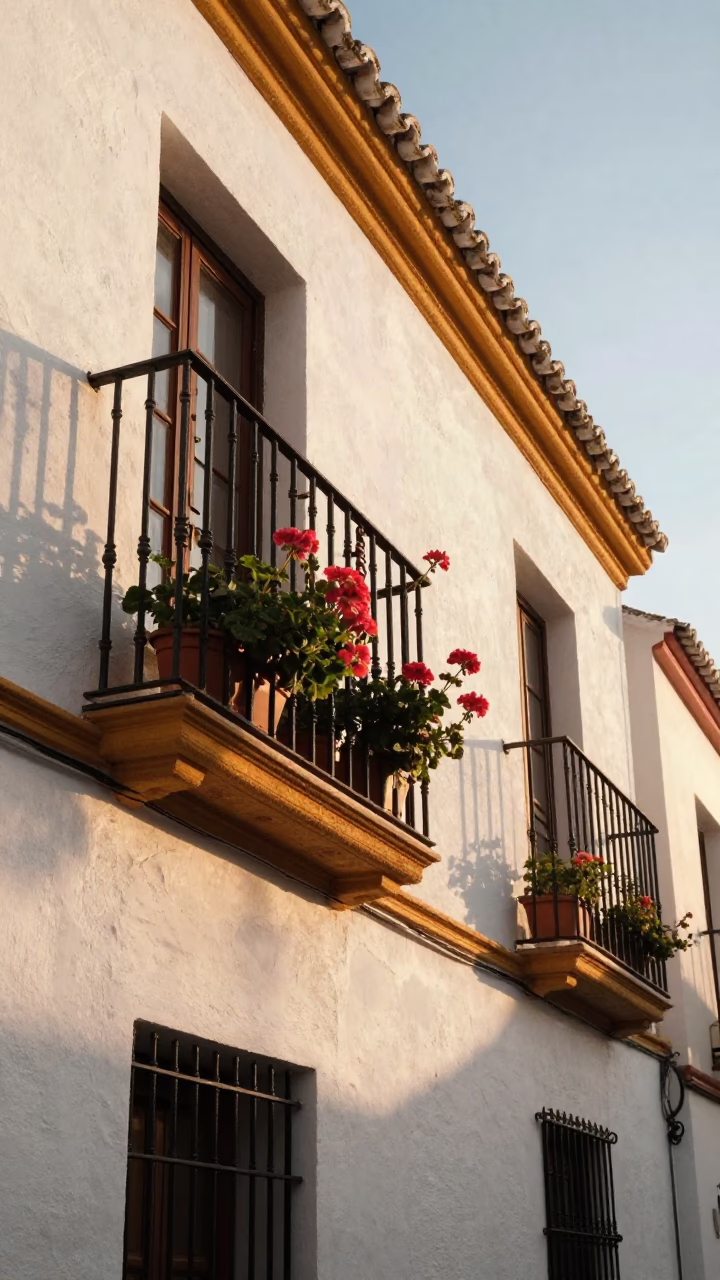 Seville Spain Morning Light Illuminating Traditional White Plaster Walls and Blue Flower Pots in in Seville, Spain