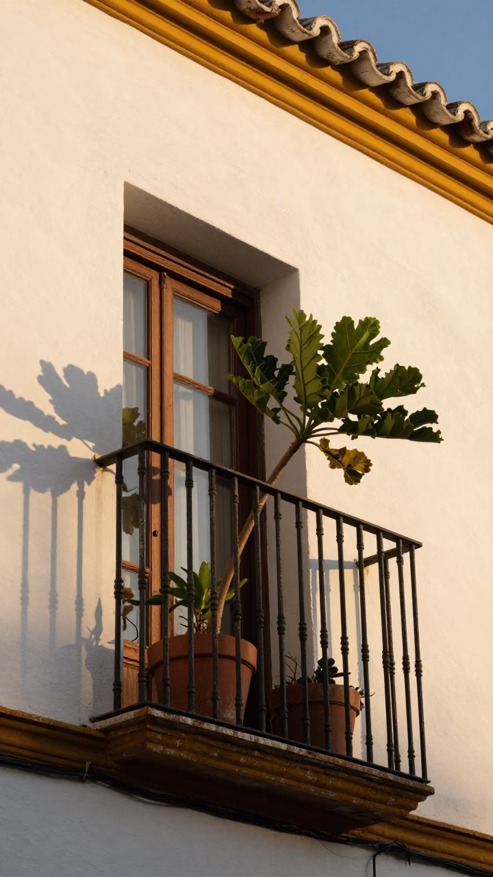 Seville Spain Morning Light on Traditional Balcony with Houseplant and Rattan Chair in in Seville, Spain