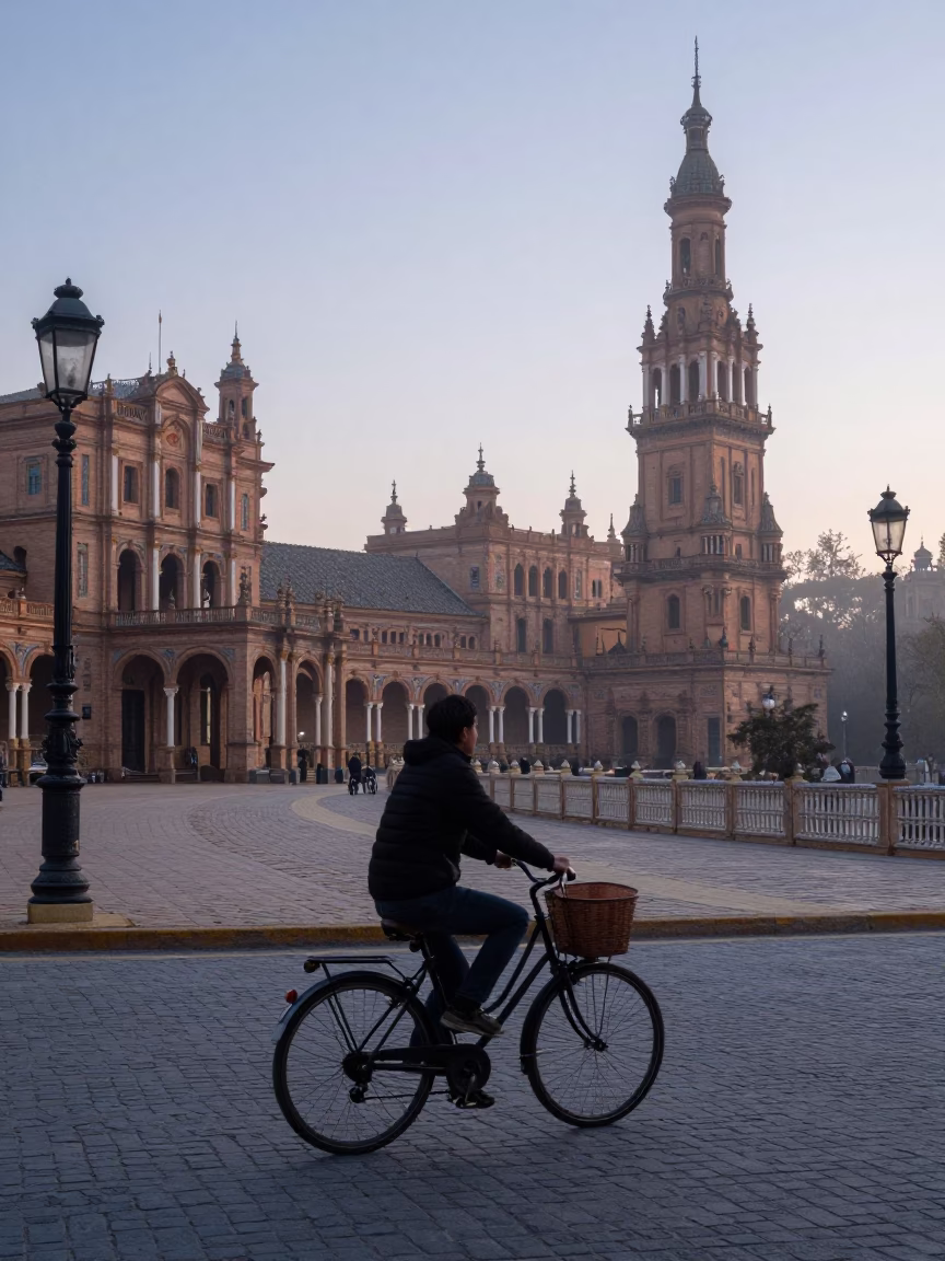 Seville Spain Nautical Dawn Street Scene with Bicycle Basket and Cyclist in in Seville, Spain