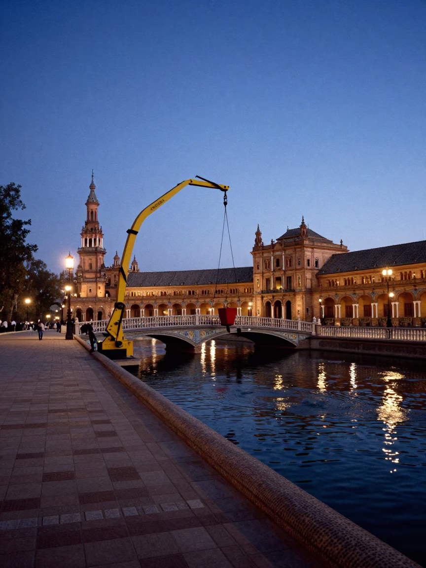 Seville Spain Nautical Dawn Street Scene with Bridge Maintenance Cradle in in Seville, Spain