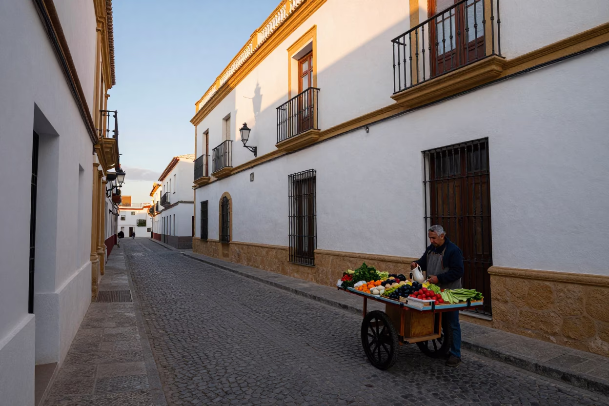 Seville Spain Nautical Dawn Street Scene with Ceramic Pitcher and Narrow Cobblestone Alleyway in in Seville, Spain