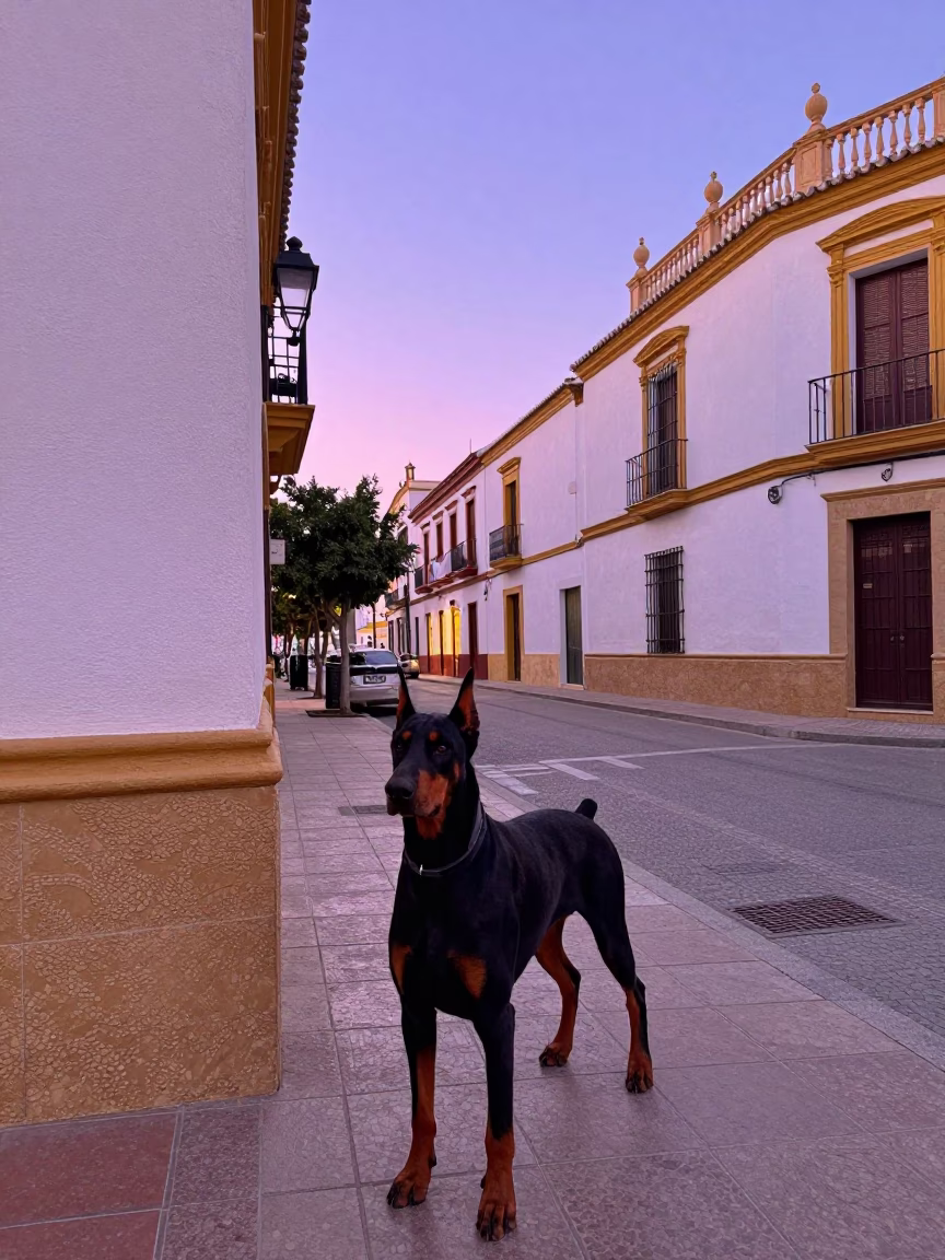 Seville Spain Nautical Dawn Street Scene with Doberman Pinscher and Local Market Activity in in Seville, Spain