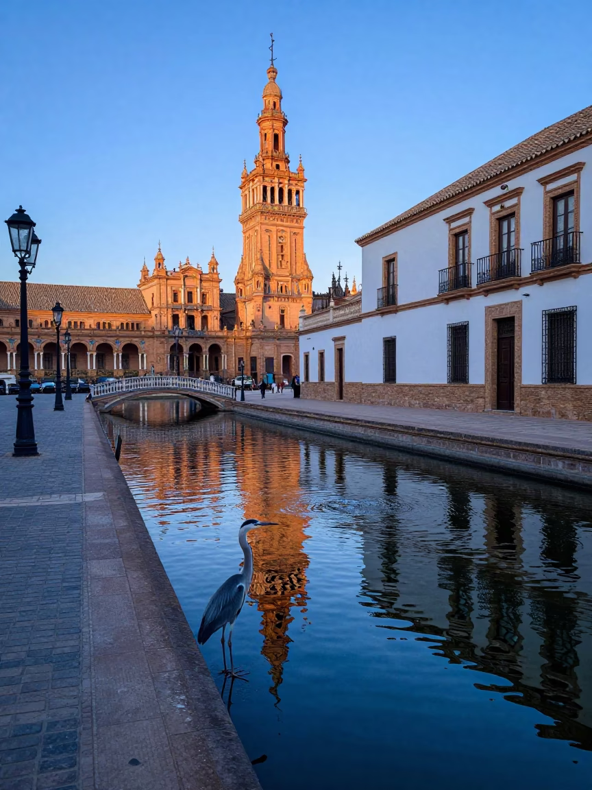 Seville Spain Nautical Dawn Street Scene with Heron and Traditional Architecture in in Seville, Spain