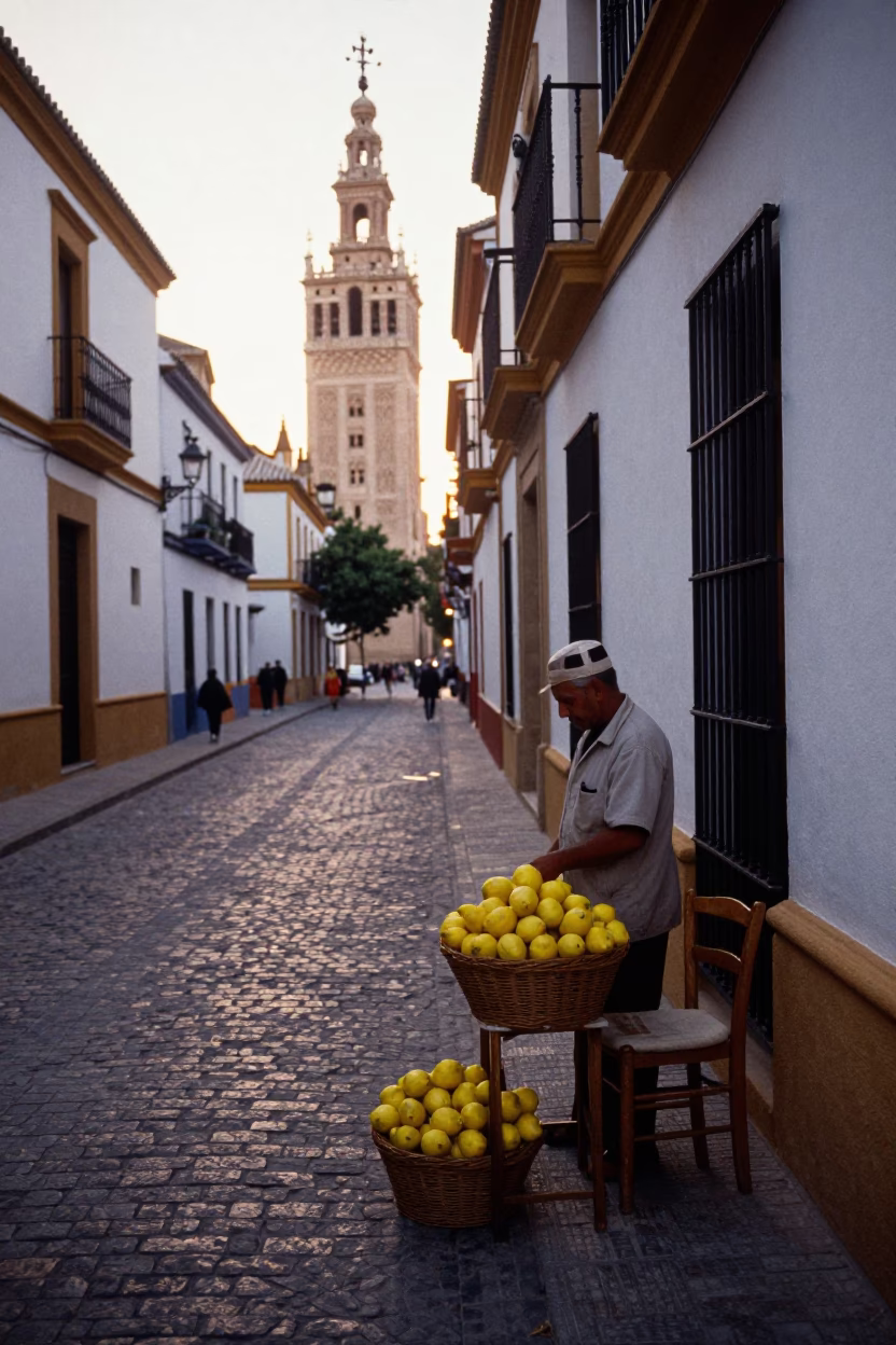 Seville Spain Nautical Dawn Street Scene with Lemons and Wooden Chair in in Seville, Spain