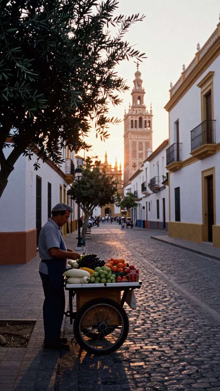 Seville Spain Nautical Dawn Street Scene with Olive Branch and Kettle in in Seville, Spain