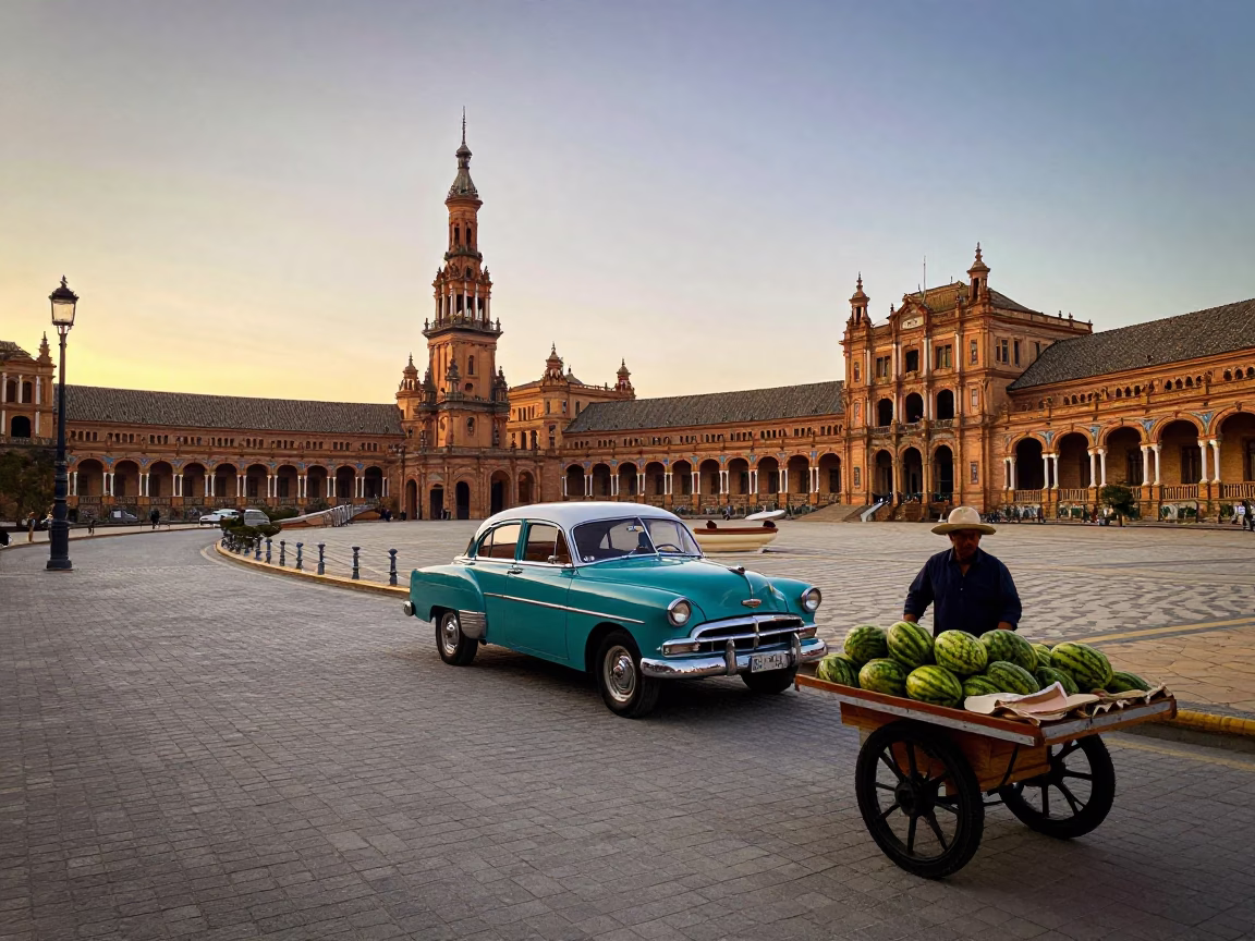 Seville Spain Nautical Dawn Street Scene with Vintage Car and Local Commerce in in Seville, Spain