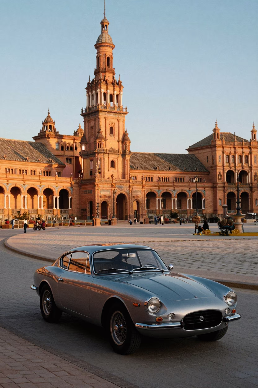 Seville Spain Nautical Dawn Street Scene with Vintage Car and Wisteria in in Seville, Spain