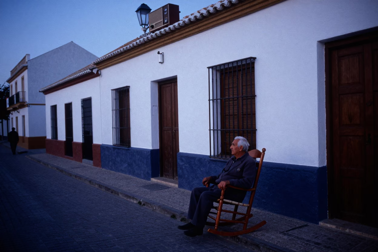 Seville Spain Nautical Dawn Street Scene with Vintage Radio and Local Interaction in in Seville, Spain