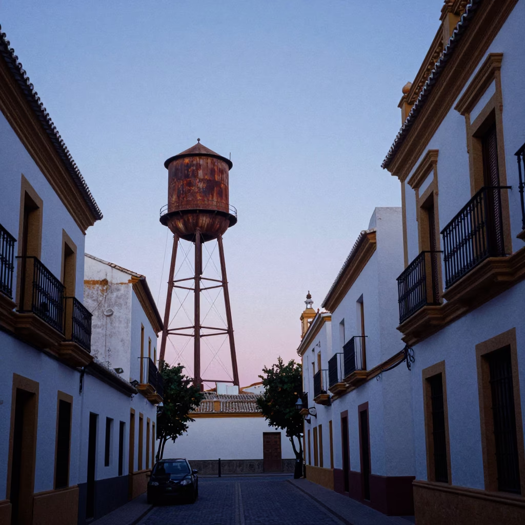 Seville Spain Nautical Dawn Street Scene with Water Tower and Urban Architecture in in Seville, Spain