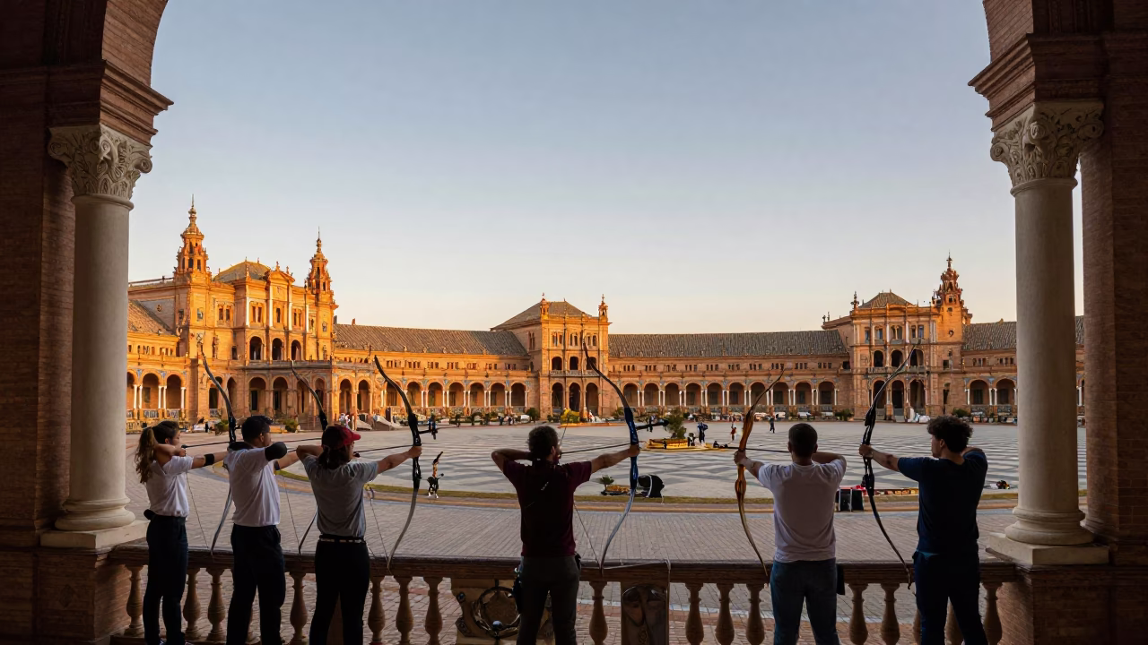 Seville Spain Nautical Dawn Traditional Archery Contest at Plaza de Armas in in Seville, Spain