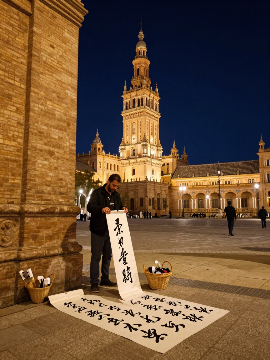 Seville Spain Night Street Scene Traditional Calligraphy Demonstration with Basket Tray in in Seville, Spain
