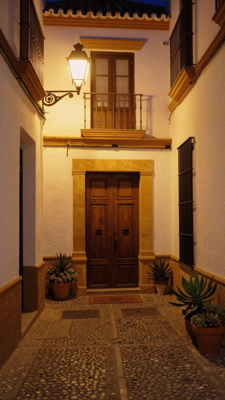 Seville Spain Night Street Scene with Door Mats and Succulents in in Seville, Spain