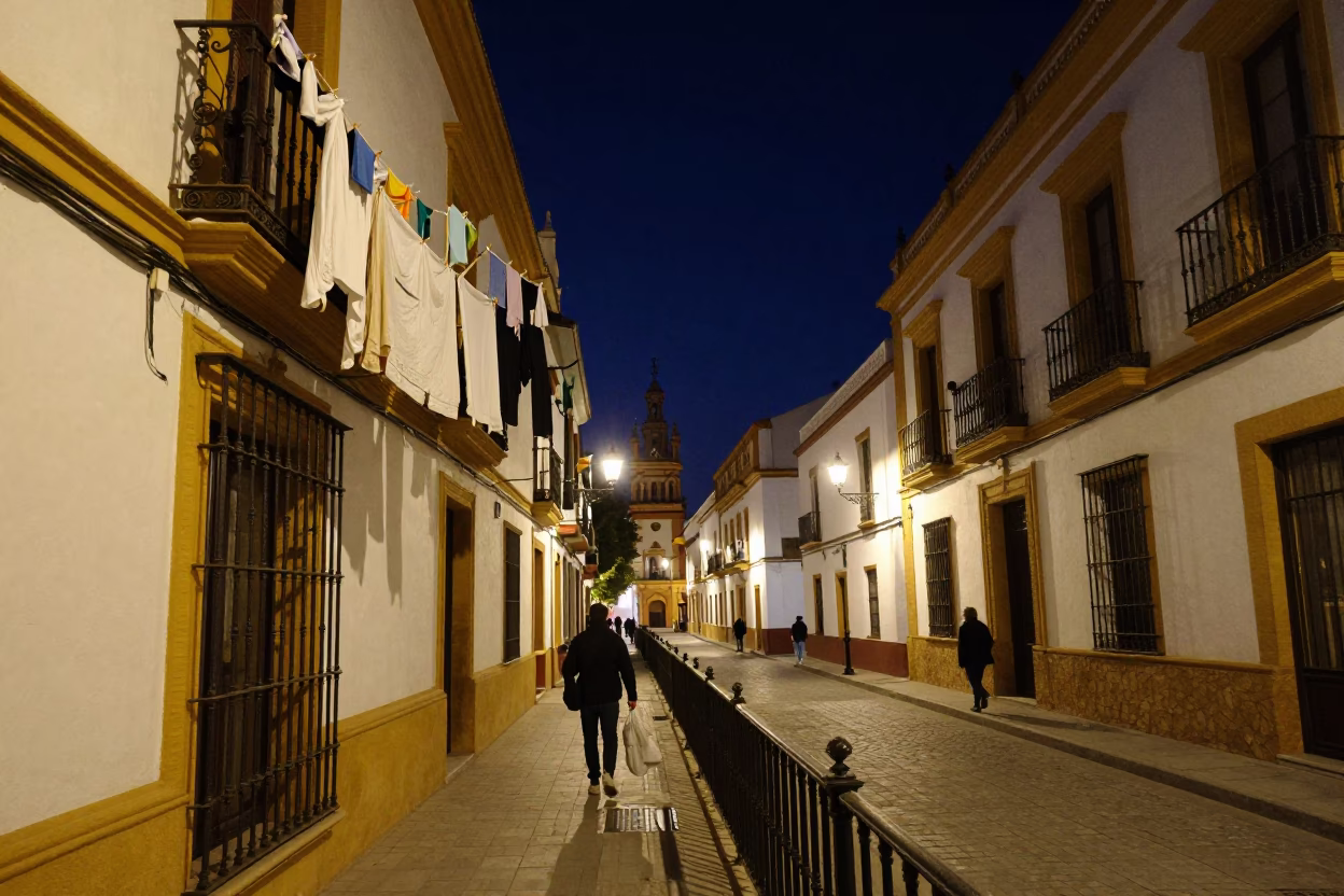 Seville Spain Night Street Scene with Peg Rail and Local Activity in in Seville, Spain