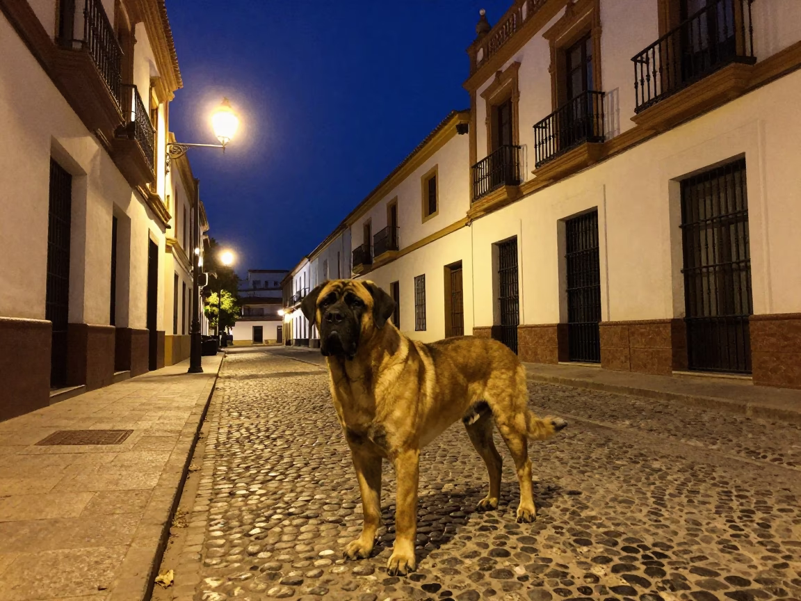 Seville Spain Night Street Scene with Spanish Mastiff and Traditional Architecture in in Seville, Spain